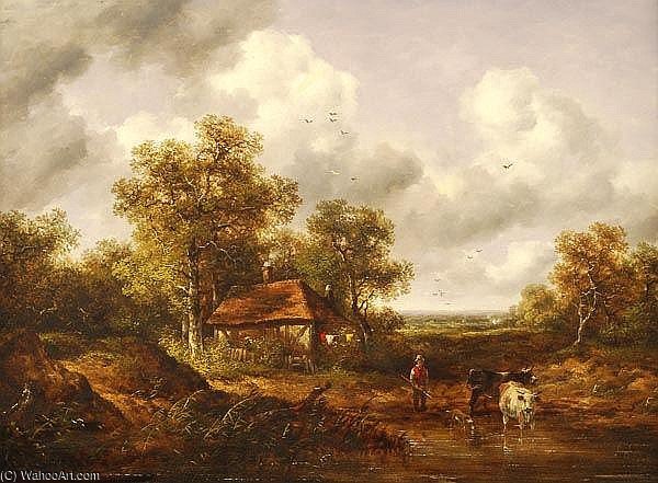 Wikioo.org - The Encyclopedia of Fine Arts - Painting, Artwork by Richard Hilder - A Wooded Landscape With Cattle At A Pond,