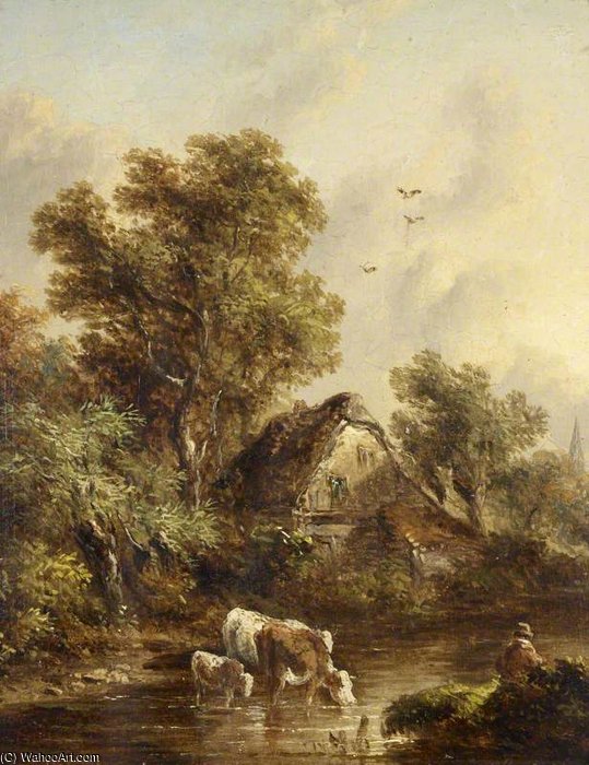 Wikioo.org - The Encyclopedia of Fine Arts - Painting, Artwork by Richard Hilder - Cows Watering By A Cottage Among Trees