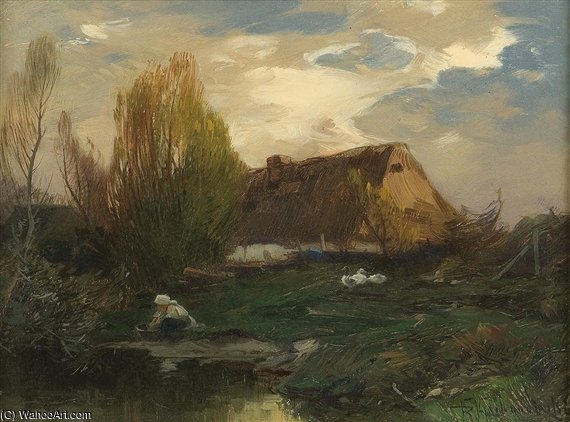 Wikioo.org - The Encyclopedia of Fine Arts - Painting, Artwork by Roman Kochanowski - Landscape, Cottage On The Water