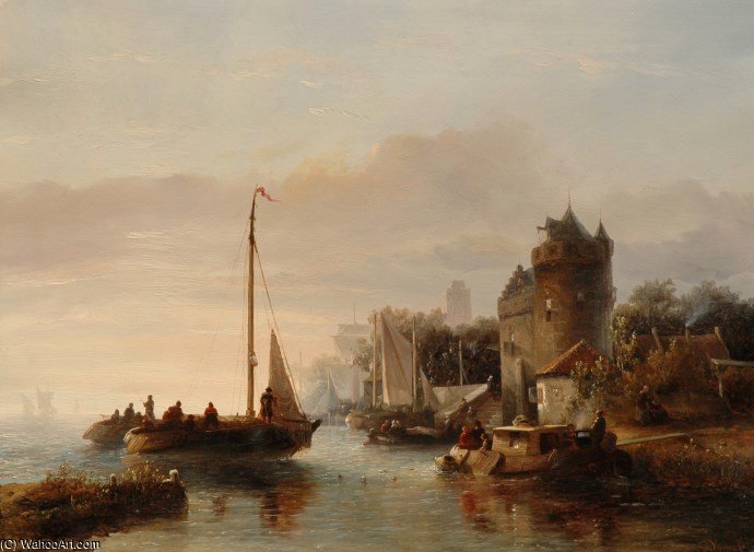 WikiOO.org - Encyclopedia of Fine Arts - Maľba, Artwork Salomon Leonardus Verveer - Activity On The River
