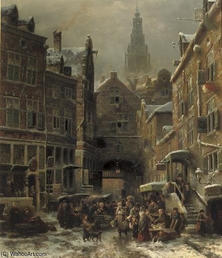 WikiOO.org - Encyclopedia of Fine Arts - Schilderen, Artwork Salomon Leonardus Verveer - De Winter In Het Jodenkwartier Te Amsterdam