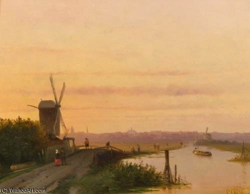 WikiOO.org - Encyclopedia of Fine Arts - Lukisan, Artwork Salomon Leonardus Verveer - Sunset Over A Dutch Town