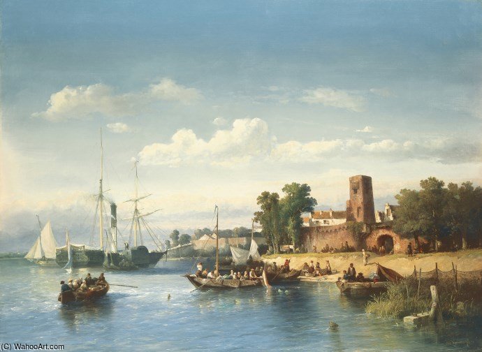 Wikioo.org - The Encyclopedia of Fine Arts - Painting, Artwork by Salomon Leonardus Verveer - The Merwede At Woudrichem With A Paddle-boat And A Ferry