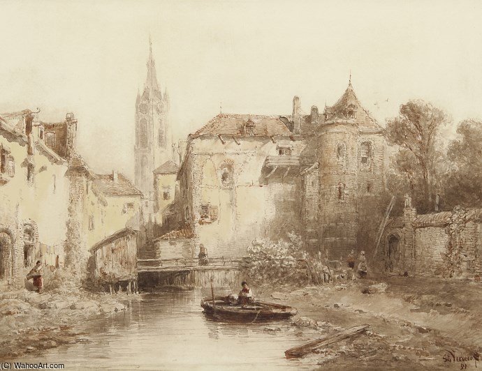WikiOO.org - Encyclopedia of Fine Arts - Lukisan, Artwork Salomon Leonardus Verveer - Townview With Bell Tower In The Background