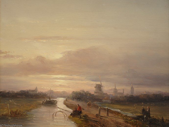 Wikioo.org – L'Enciclopedia delle Belle Arti - Pittura, Opere di Salomon Leonardus Verveer - Due Pescatori al tramonto