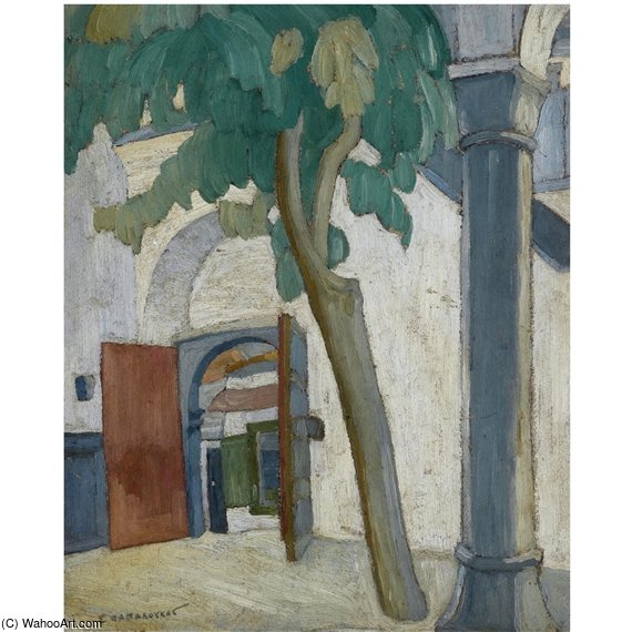 Wikioo.org - The Encyclopedia of Fine Arts - Painting, Artwork by Spyros Papaloukas - A Monastic Courtyard, Mount Athos