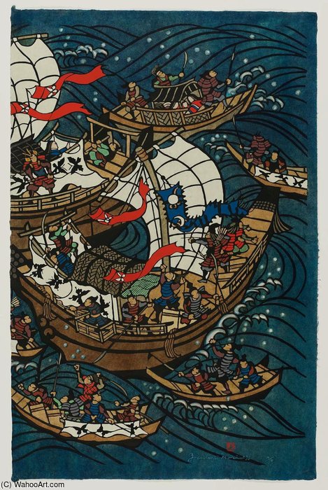 Wikioo.org - The Encyclopedia of Fine Arts - Painting, Artwork by Tsukioka Yoshitoshi - Naval Battle Between Genji And Heike
