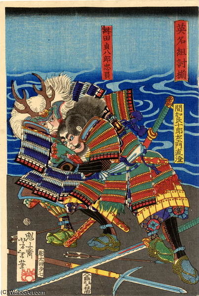 Wikioo.org - The Encyclopedia of Fine Arts - Painting, Artwork by Tsukioka Yoshitoshi - Okabe Rokuyata Fighting Satsuma No Kami Tadamori