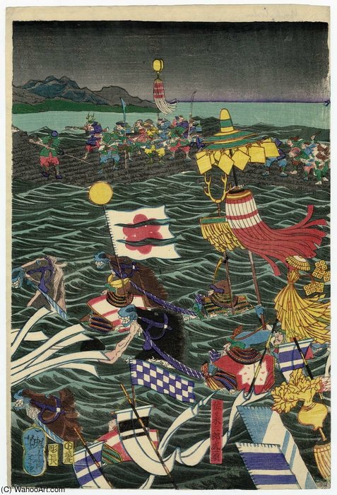WikiOO.org - Encyclopedia of Fine Arts - Maalaus, taideteos Tsukioka Yoshitoshi - Sasaki Moritsuna And His Troops Crossing The Inland Sea
