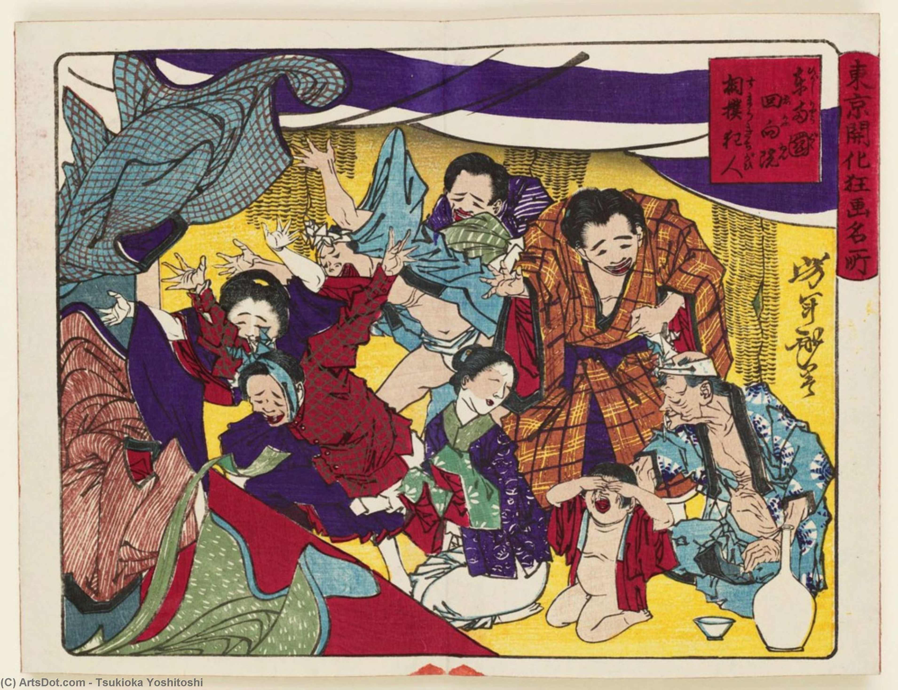 Wikioo.org – L'Encyclopédie des Beaux Arts - Peinture, Oeuvre de Tsukioka Yoshitoshi - sumô fanatics à l Ekô-in temple ryogoku est