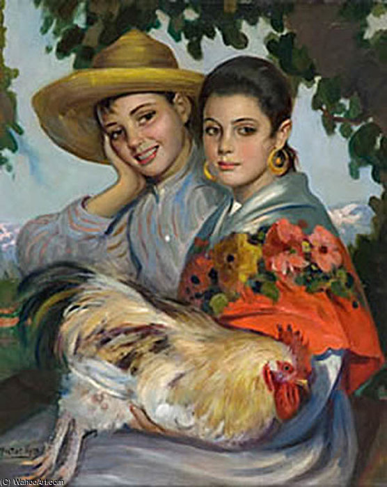 Wikioo.org – La Enciclopedia de las Bellas Artes - Pintura, Obras de arte de Victor Moya Calvo - Chicos Con Gallina