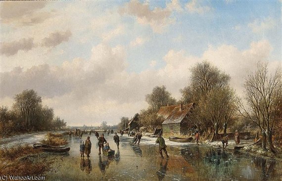 WikiOO.org - Encyclopedia of Fine Arts - Lukisan, Artwork Willem Vester - A Winter Landscape With Skaters On A Frozen Waterway