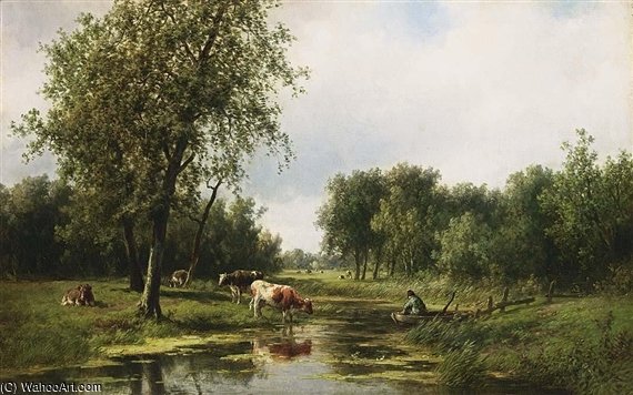 Wikioo.org - The Encyclopedia of Fine Arts - Painting, Artwork by Willem Vester - Grazing Cattle By The Water