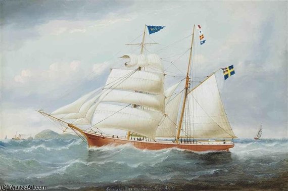 WikiOO.org - Encyclopedia of Fine Arts - Maľba, Artwork William H Yorke - The Swedish Brigantine Wasa Of Figeholm Passing The South Stack Lighthouse On Her Way To Liverpool