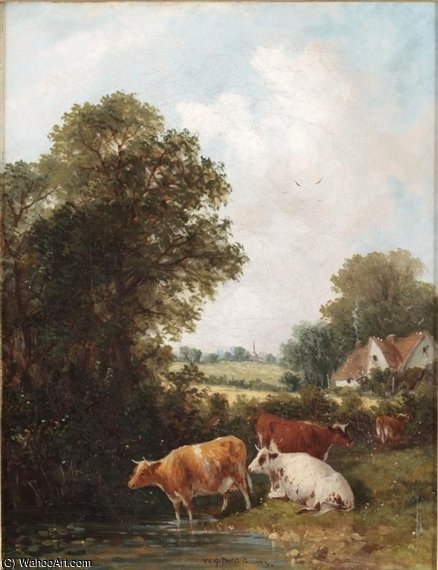 WikiOO.org – 美術百科全書 - 繪畫，作品 William Meadows - 牛通过一个池塘和另一