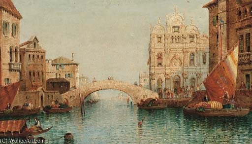 Wikioo.org - The Encyclopedia of Fine Arts - Painting, Artwork by William Meadows - Vessels On A Venetian Canal By A Bridge