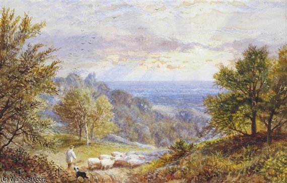 WikiOO.org - Encyclopedia of Fine Arts - Målning, konstverk Alfred I Glendening - A Shepherd And His Flock On A Hillside