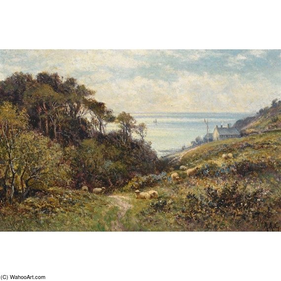 Wikioo.org - The Encyclopedia of Fine Arts - Painting, Artwork by Alfred I Glendening - Coastal Ravine With Sheep Grazing