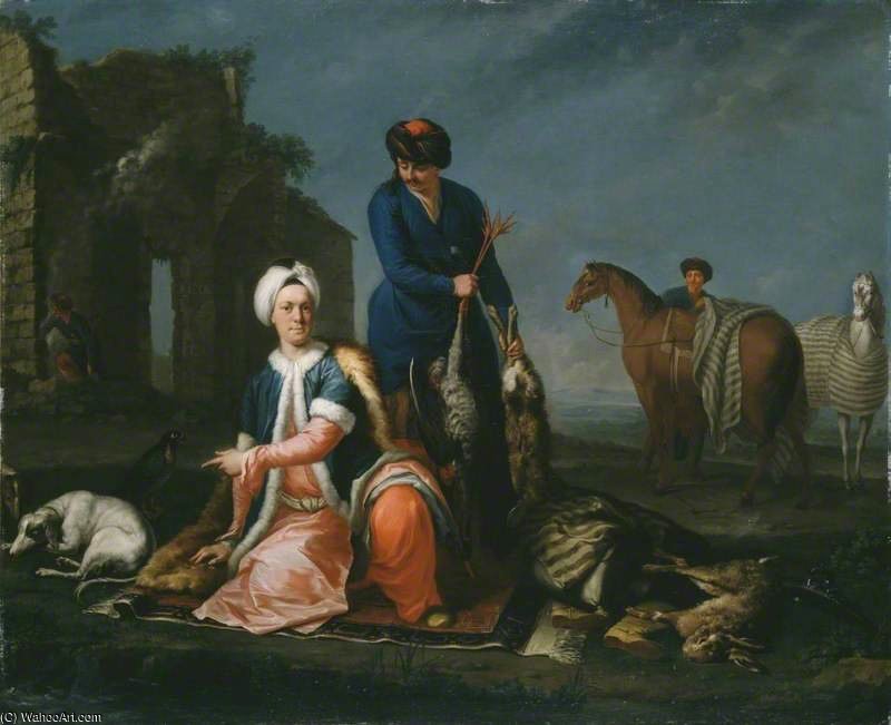 Wikioo.org - The Encyclopedia of Fine Arts - Painting, Artwork by Andrea Soldi - Portrait Of Henry Lannoy Hunter In Oriental Dress, Resting From Hunting, With A Manservant Holding Game