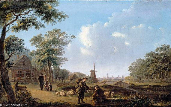 Wikioo.org - The Encyclopedia of Fine Arts - Painting, Artwork by Andries Vermeulen - A Village Landscape With A Shepherd Conversing With A Traveller, A City Beyond