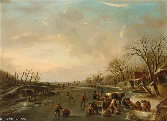 WikiOO.org - Enciklopedija dailės - Tapyba, meno kuriniai Andries Vermeulen - A Winter Scene With Skaters And A Horse-drawn Sleigh With Poultry Sellers