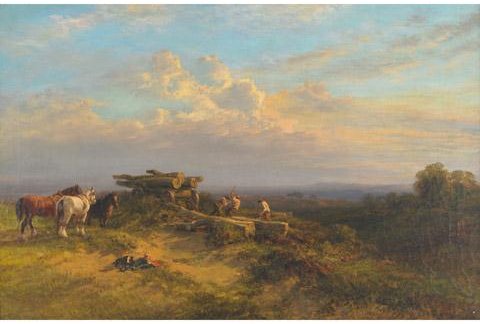 Wikioo.org - The Encyclopedia of Fine Arts - Painting, Artwork by George Cole Senior - The Timber Wagon, Working At Sunset