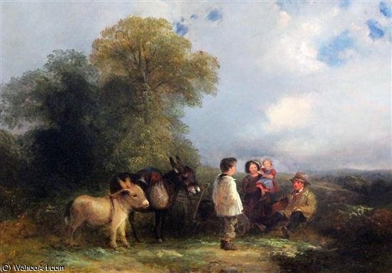 Wikioo.org - The Encyclopedia of Fine Arts - Painting, Artwork by George Cole Senior - Travellers Resting On A Track With Two Donkeys And A Cart