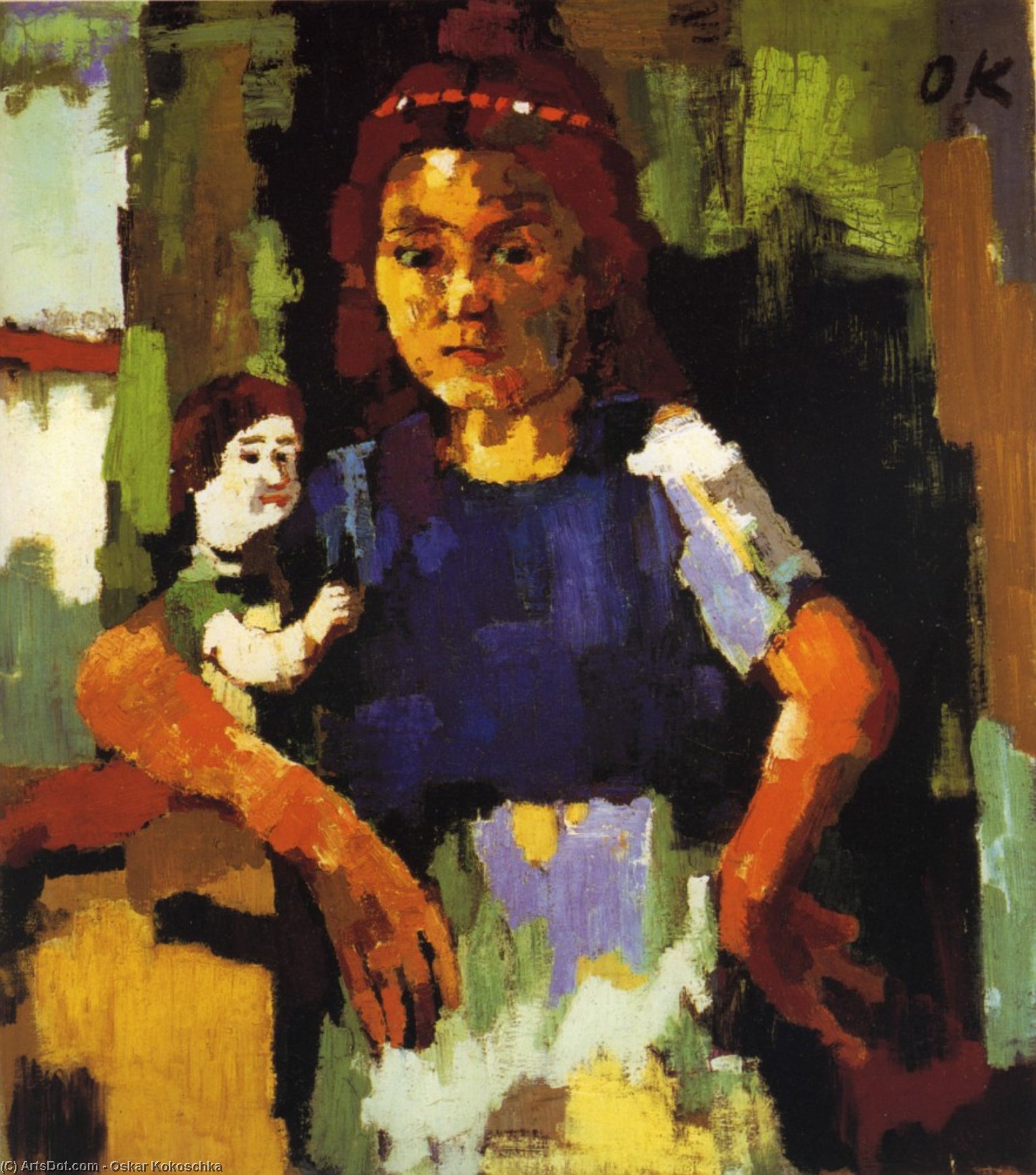 WikiOO.org - Encyclopedia of Fine Arts - Målning, konstverk Oskar Kokoschka - Fillette à la poupée, Young girl with the headstock , Huile sur Toile,