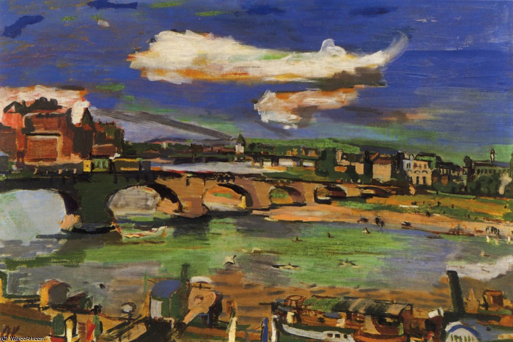 Wikioo.org - สารานุกรมวิจิตรศิลป์ - จิตรกรรม Oskar Kokoschka - Dresde, pont Auguste et bateau à vapeur, Dresden, bridge Auguste and steamer, Huile sur Toile,