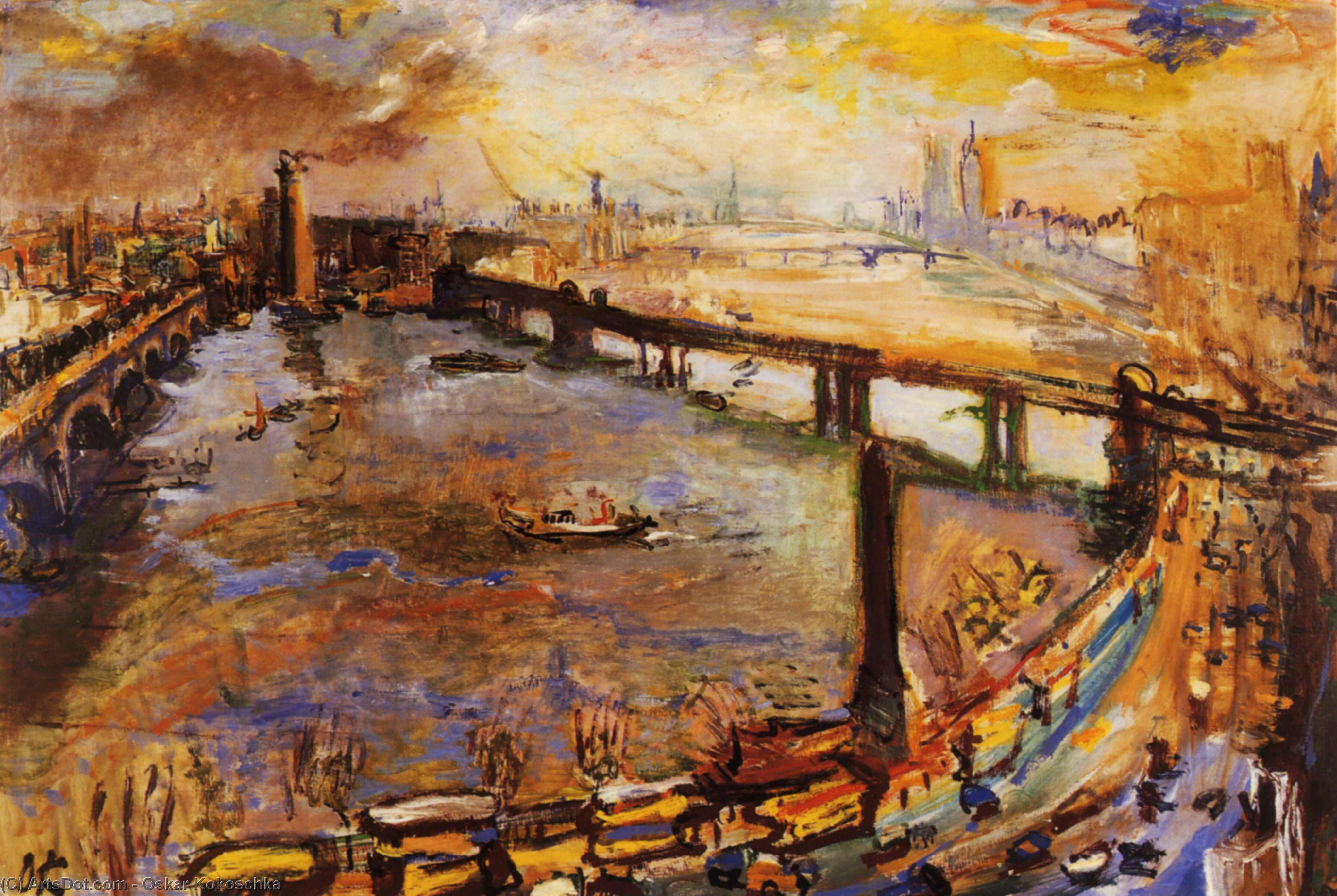 Wikioo.org - The Encyclopedia of Fine Arts - Painting, Artwork by Oskar Kokoschka - Londres, vue large de la Tamise I,London, broad sight of the Thames I, Huile sur Toile,