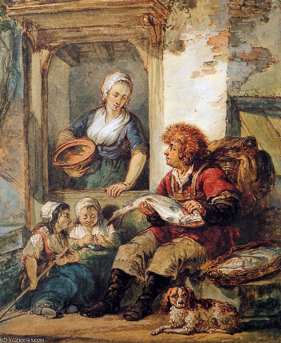 WikiOO.org - Encyclopedia of Fine Arts - Maleri, Artwork Abraham Van Strij - Fish salesman at woman and chidren Sun