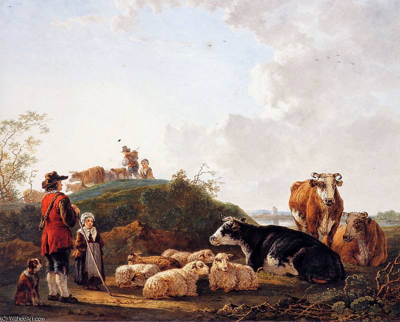 Wikioo.org - The Encyclopedia of Fine Arts - Painting, Artwork by Abraham Van Strij - Herdsman with resting cattle Sun