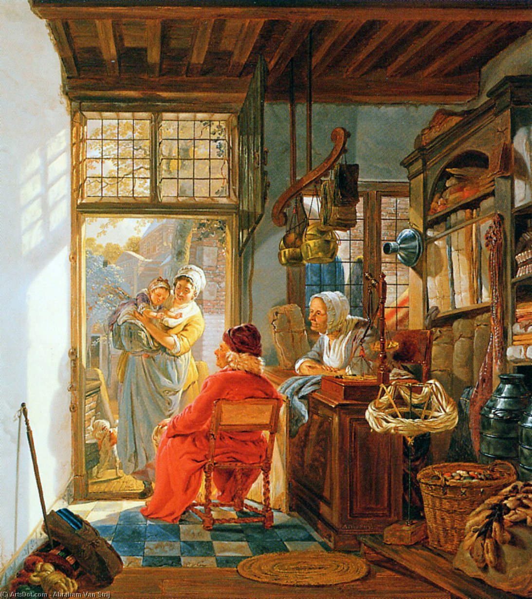 Wikioo.org - The Encyclopedia of Fine Arts - Painting, Artwork by Abraham Van Strij - Interior of wool and sheetshop Sun