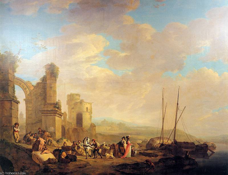 Wikioo.org - The Encyclopedia of Fine Arts - Painting, Artwork by Abraham Van Strij - Landscape with coast and ruin Sun