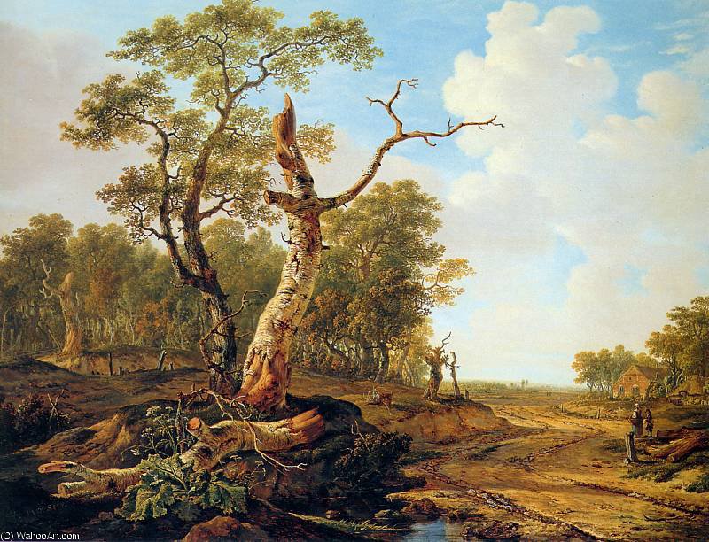 Wikioo.org - The Encyclopedia of Fine Arts - Painting, Artwork by Abraham Van Strij - Landscape with dead tree Sun
