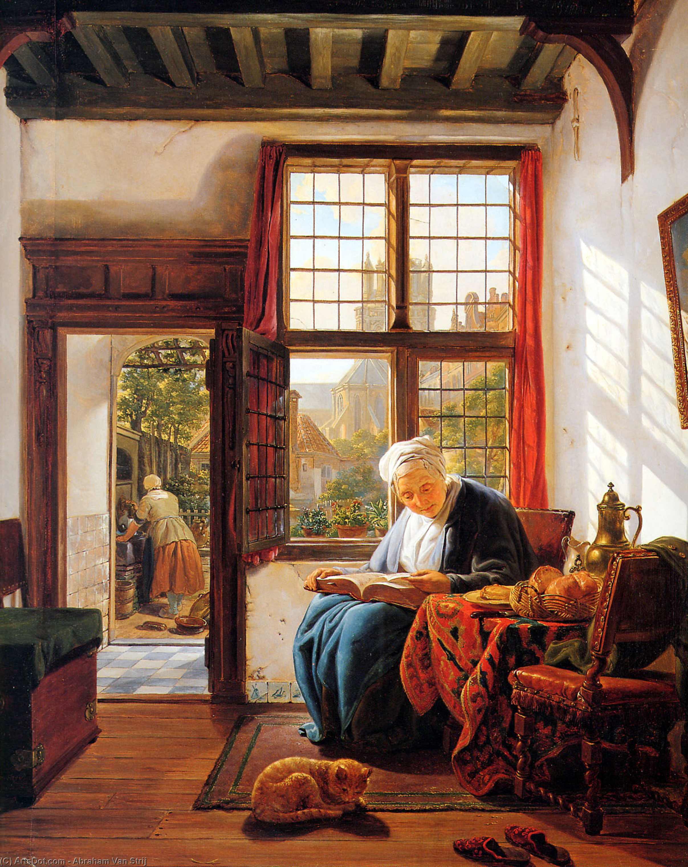 Wikioo.org - The Encyclopedia of Fine Arts - Painting, Artwork by Abraham Van Strij - Reading old woman at window
