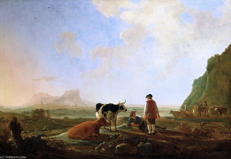 Wikioo.org - The Encyclopedia of Fine Arts - Painting, Artwork by Aelbert Jacobsz Cuyp - herdsmen with cows