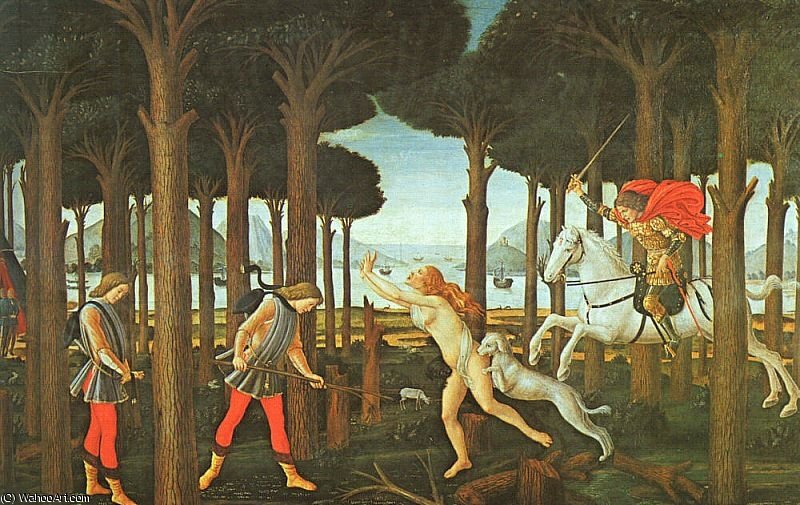 Wikioo.org - Encyklopedia Sztuk Pięknych - Malarstwo, Grafika Sandro Botticelli - panel i of the story of nastagio degli