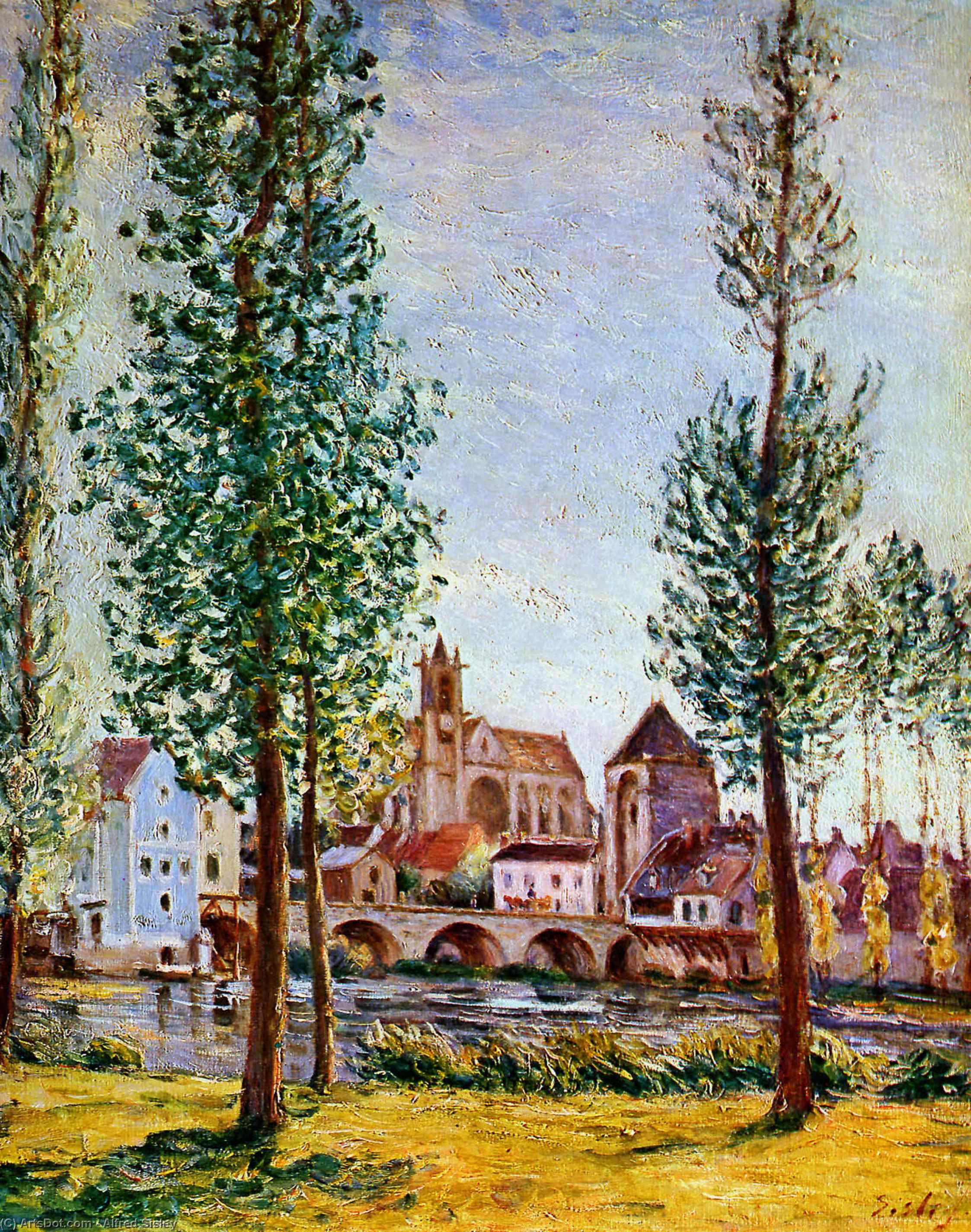 Wikioo.org - The Encyclopedia of Fine Arts - Painting, Artwork by Alfred Sisley - Moret sur Loing Bridge church and mill Sun