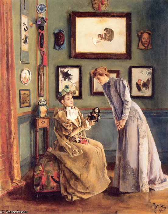 Wikioo.org - The Encyclopedia of Fine Arts - Painting, Artwork by Alfred Émile Léopold Stevens - A Femme a la poupee japonaise