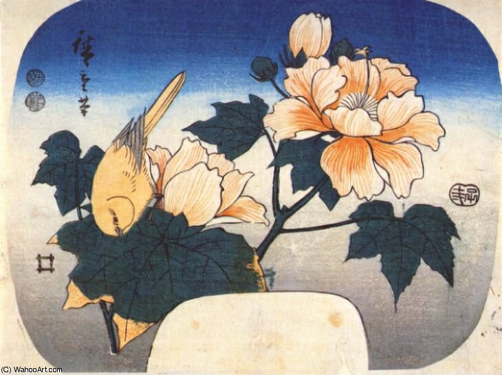 Wikioo.org - The Encyclopedia of Fine Arts - Painting, Artwork by Ando Hiroshige - yellow bird and cotton rose