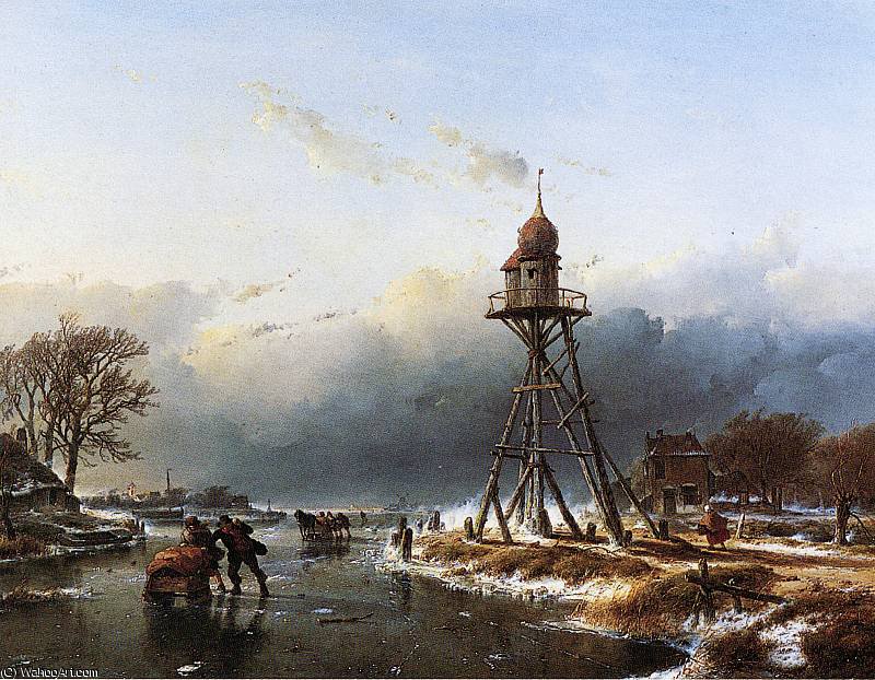 Wikioo.org - The Encyclopedia of Fine Arts - Painting, Artwork by Andreas Schelfhout - Beacon at Haarlemmermeer Sun