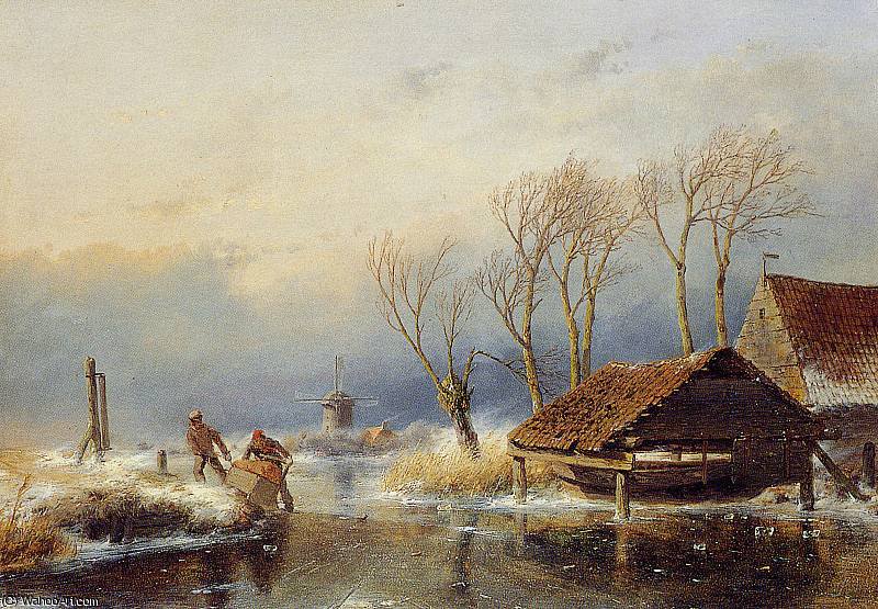 Wikioo.org - The Encyclopedia of Fine Arts - Painting, Artwork by Andreas Schelfhout - Farmers with a sledge Sun