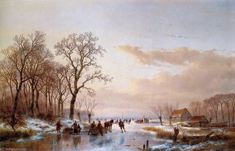 Wikioo.org - The Encyclopedia of Fine Arts - Painting, Artwork by Andreas Schelfhout - Frozen canal near the Maas Sun