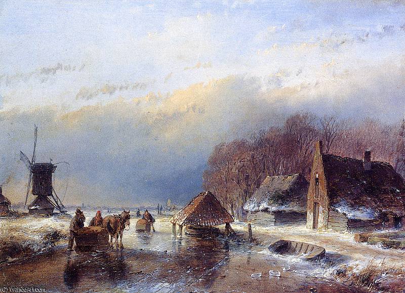 Wikioo.org - The Encyclopedia of Fine Arts - Painting, Artwork by Andreas Schelfhout - Men with towing sledge Sun