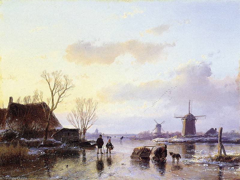 Wikioo.org - The Encyclopedia of Fine Arts - Painting, Artwork by Andreas Schelfhout - Mills along frozen canal Sun