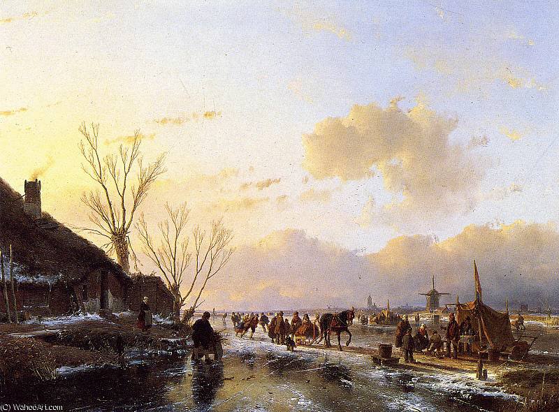 Wikioo.org - The Encyclopedia of Fine Arts - Painting, Artwork by Andreas Schelfhout - People on frozen river Sun