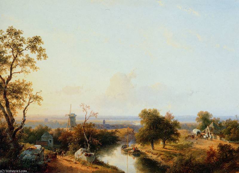 Wikioo.org - The Encyclopedia of Fine Arts - Painting, Artwork by Andreas Schelfhout - riverlandscape sun