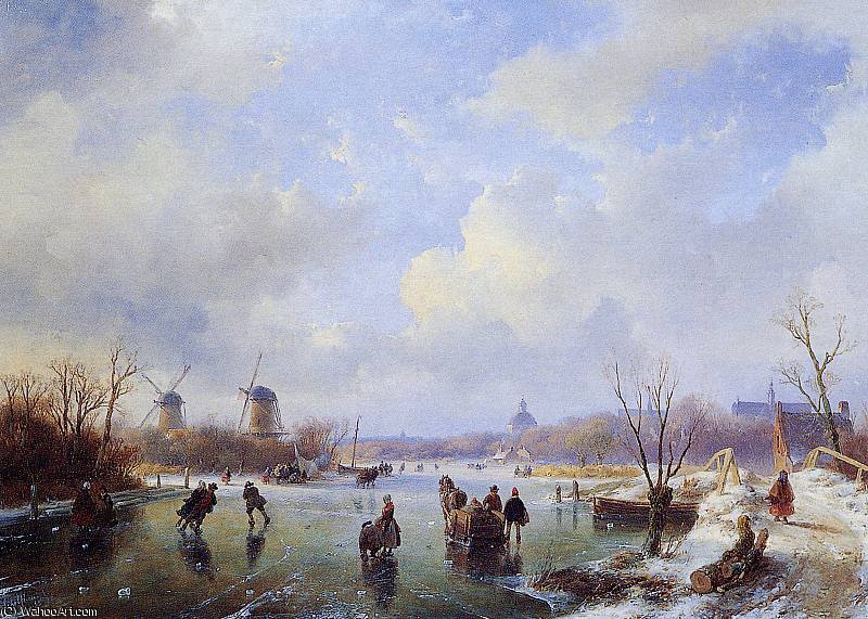 Wikioo.org - The Encyclopedia of Fine Arts - Painting, Artwork by Andreas Schelfhout - Scaters on frozen river with mill Sun