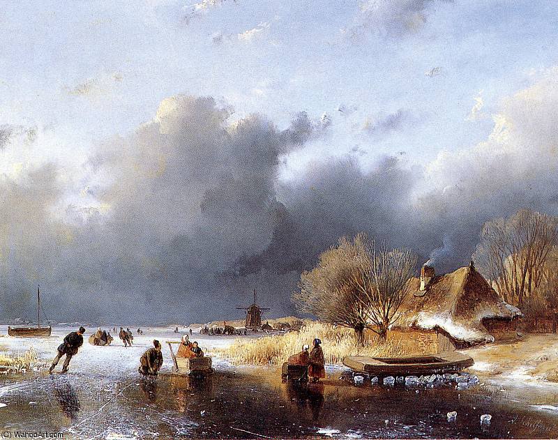 Wikioo.org - The Encyclopedia of Fine Arts - Painting, Artwork by Andreas Schelfhout - Scaters on river near farm Sun
